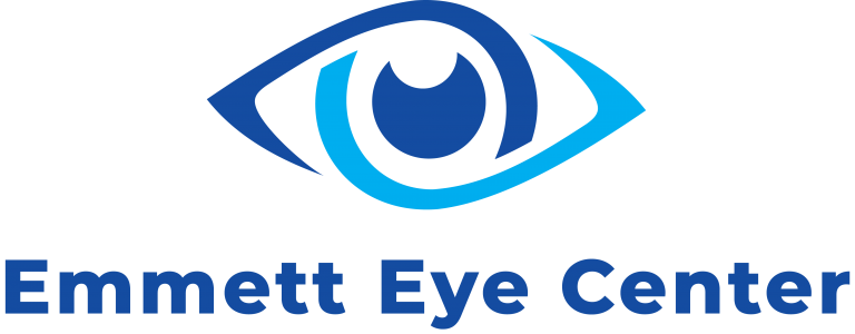 Emmett-Eye-Center-Logo-light and dark blue eye with blue words that read Emmett Eye center